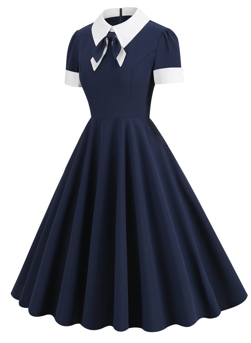 Shougu Shirt Collar Bow Retro Big Swing Dress  - Image 3