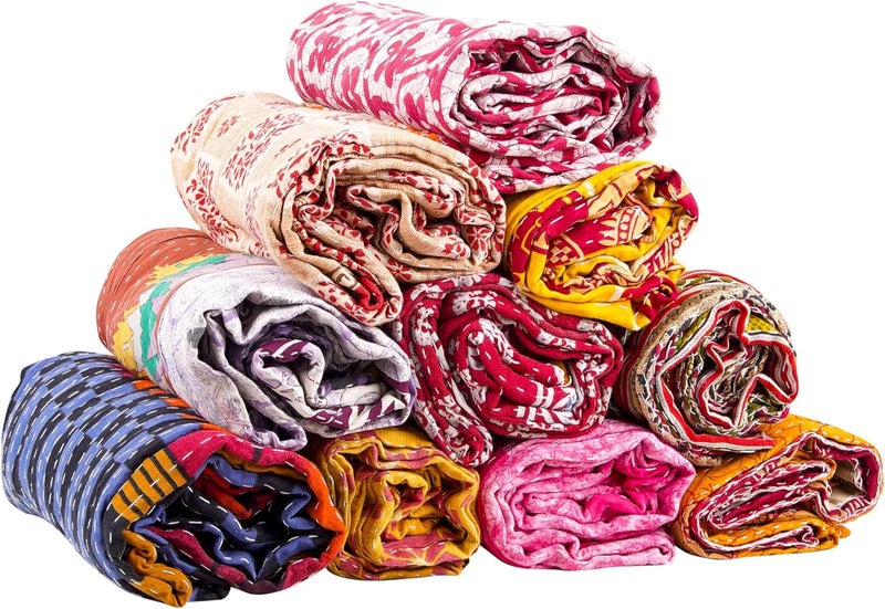Mycrafts طقم كنب هندي جملة كينثا 5 قطع كينثا قبلي بطانية عتيقة مصنوعة يدويًا رمي كينثا هيبي بوهيمي من الساري القديم مصنوعة كينثا رالي توأم - Image 4