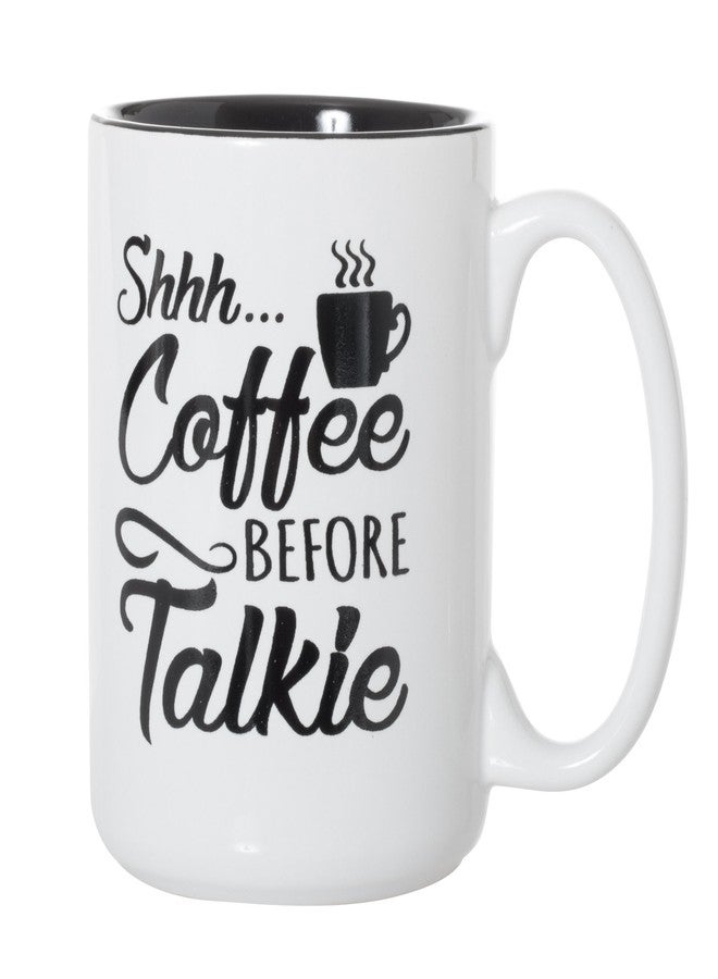 آرتيزان آول كوب قهوة مرح من Artisan Owl، مكتوب عليه "Shhh Coffee Before Talkie" - كوب سيراميك أبيض كبير 15 أونصة مع حشوة سوداء، مناسب للرجال والنساء ومحبي القهوة، للاستخدام في المكتب والمنزل - Image 2