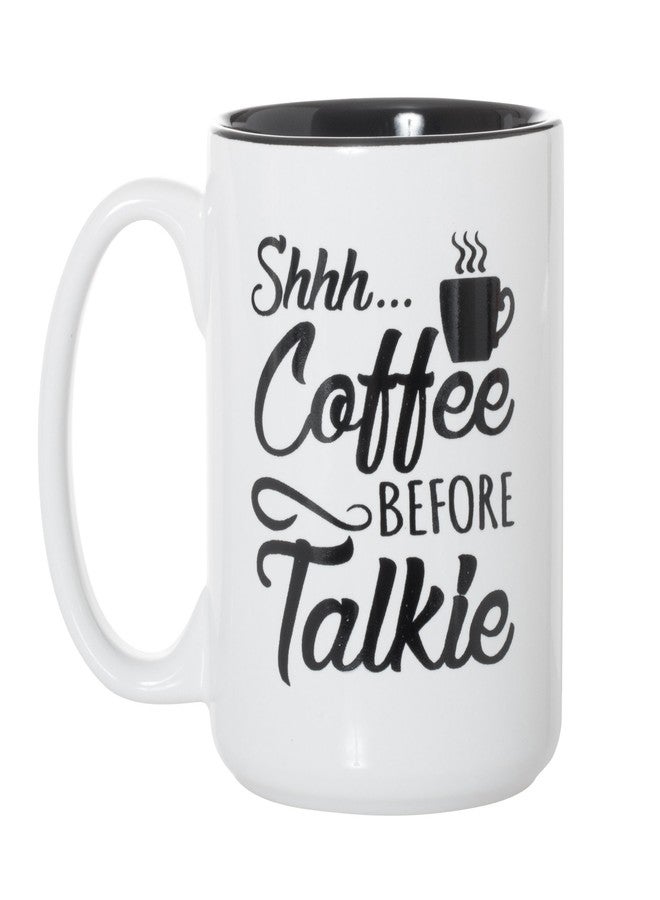 آرتيزان آول كوب قهوة مرح من Artisan Owl، مكتوب عليه "Shhh Coffee Before Talkie" - كوب سيراميك أبيض كبير 15 أونصة مع حشوة سوداء، مناسب للرجال والنساء ومحبي القهوة، للاستخدام في المكتب والمنزل - Image 1