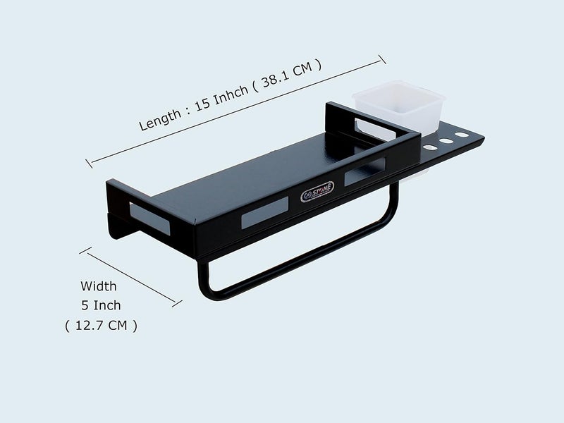 STONE STONE MS Powder Coated All in One Multipurpose Bathroom Shelf with Toothbrush Holder and Towel Rod Bathroom Accessories All in One Item (15 x 5 inch, Black) - Image 2