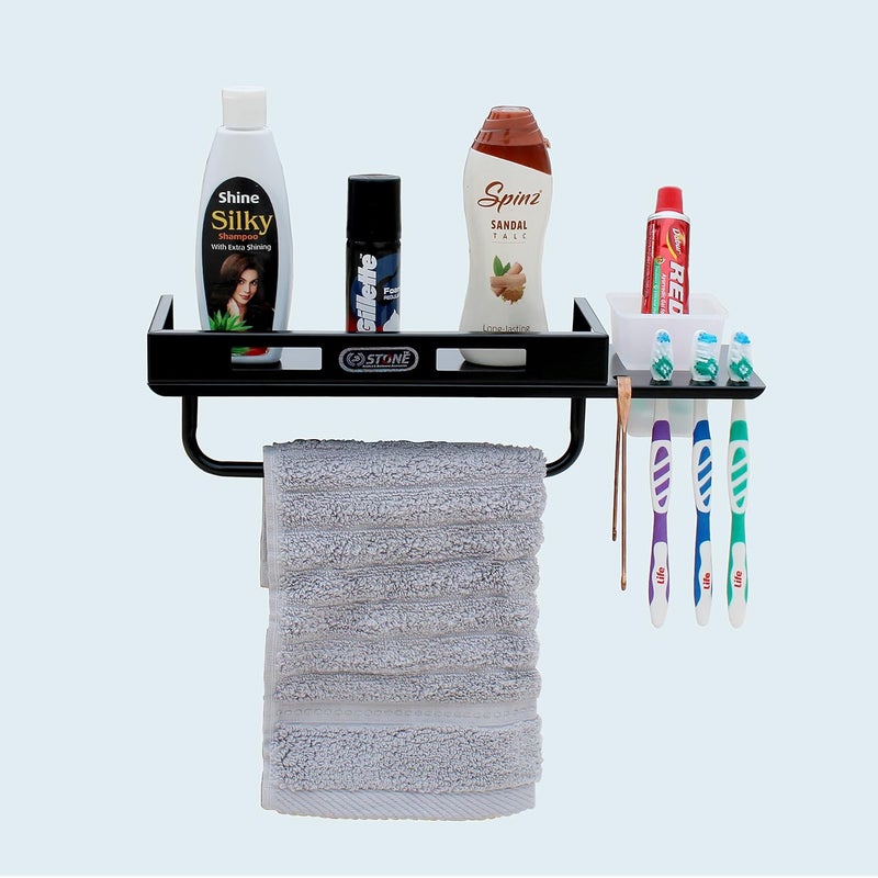 STONE STONE MS Powder Coated All in One Multipurpose Bathroom Shelf with Toothbrush Holder and Towel Rod Bathroom Accessories All in One Item (15 x 5 inch, Black) - Image 4