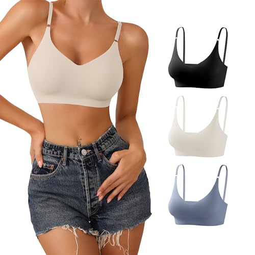 DEANGELMON 3 Pieces V Neck Bra Padded Seamless Adjustable Straps Bralettes Everyday Basic Sleeping Bras (3P2,L) - Image 1