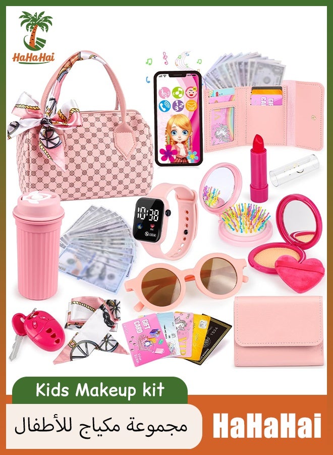 هاهاهاي مجموعة ألعاب مكياج للبنات 31 قطعة، حقيبة مكياج لعب مع محفظة، ساعة، هاتف، مشط، أحمر شفاه، نظارات شمسية، اكسسوارات الملابس و ألعاب جمال وأزياء هدية مثالية للبنات - Image 1