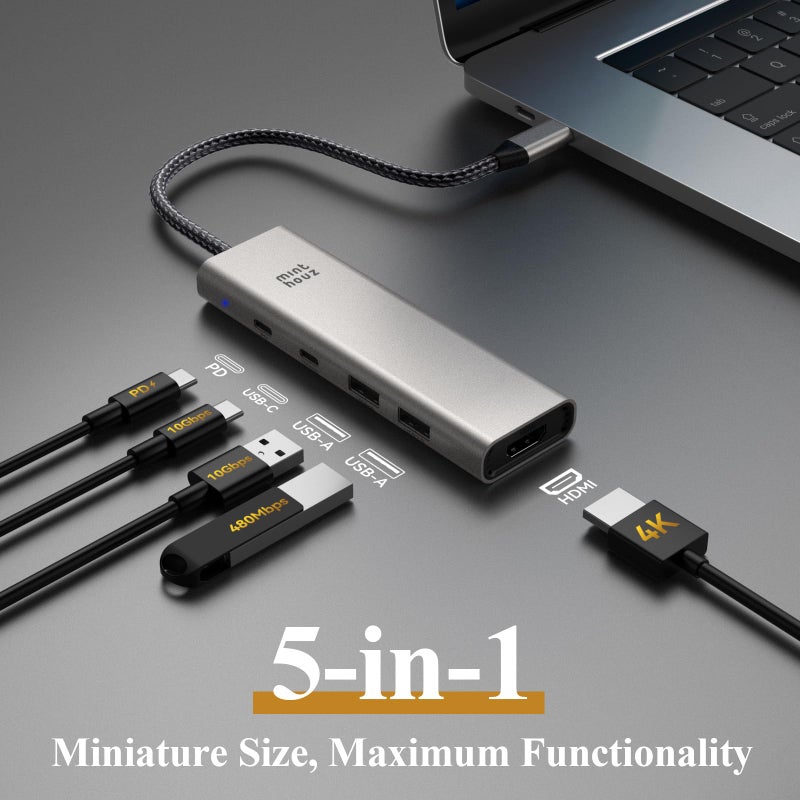 Minthouz USB C Hub,5-in-1 USBC to HDMI Splitter with 4K @60hz Display with 125W PD/10Gpbs USB-A Data Ports/USB C Dongle,USBC Splitter Multiport Adapter for MacBook Pro/Air, iMaca - Image 2