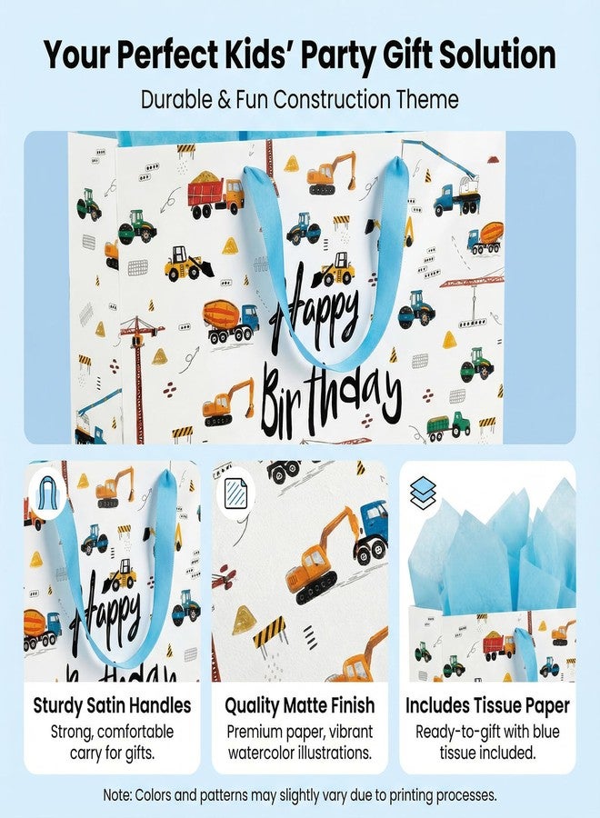 GFInYHM Extra Large Birthday Gift Bags for Boys Kids, 16" Construction Vehicle Happy Birthday Present Bag Set with Tissue Paper, Greeting Card & Envelope - Digger Excavator Tractor Design - Image 4