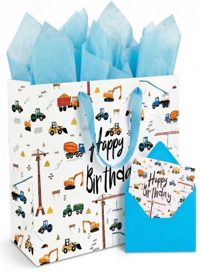 GFInYHM Extra Large Birthday Gift Bags for Boys Kids, 16" Construction Vehicle Happy Birthday Present Bag Set with Tissue Paper, Greeting Card & Envelope - Digger Excavator Tractor Design - Image 1