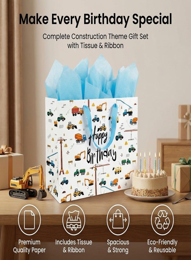 GFInYHM Extra Large Birthday Gift Bags for Boys Kids, 16" Construction Vehicle Happy Birthday Present Bag Set with Tissue Paper, Greeting Card & Envelope - Digger Excavator Tractor Design - Image 3