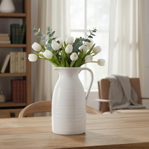 hjn Farmhouse Pitcher Vase for Flowers- Ceramic Pitcher White Flower Vase for Your Kitchen/Home Decor/Office/Living Room/Bookshelf/Mantel/-White - Image 3