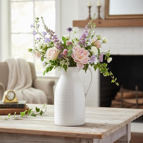 hjn Farmhouse Pitcher Vase for Flowers- Ceramic Pitcher White Flower Vase for Your Kitchen/Home Decor/Office/Living Room/Bookshelf/Mantel/-White - Image 4