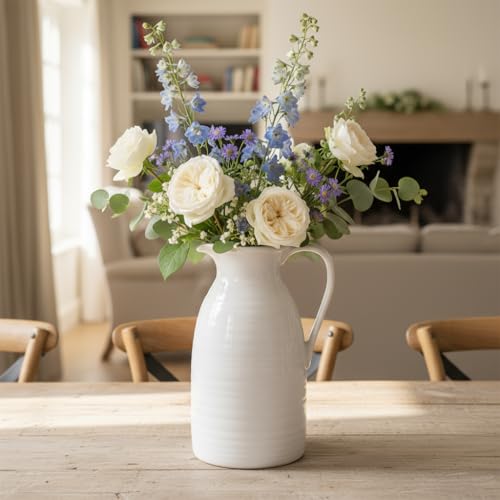 hjn Farmhouse Pitcher Vase for Flowers- Ceramic Pitcher White Flower Vase for Your Kitchen/Home Decor/Office/Living Room/Bookshelf/Mantel/-White - Image 2