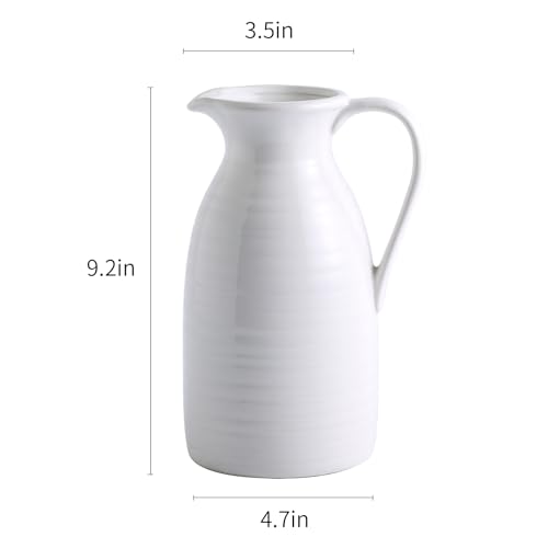 hjn Farmhouse Pitcher Vase for Flowers- Ceramic Pitcher White Flower Vase for Your Kitchen/Home Decor/Office/Living Room/Bookshelf/Mantel/-White - Image 5