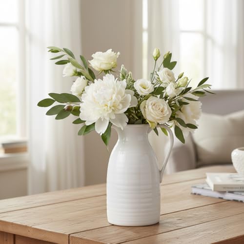 hjn Farmhouse Pitcher Vase for Flowers- Ceramic Pitcher White Flower Vase for Your Kitchen/Home Decor/Office/Living Room/Bookshelf/Mantel/-White - Image 1