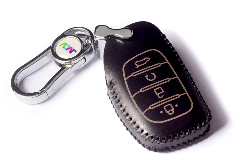JVCV® Car Styling Soft Handmade Leather Key Cover Compatible with New Hyundai Alcazar and Creta 4 Button Smart Key (Black) - Image 1