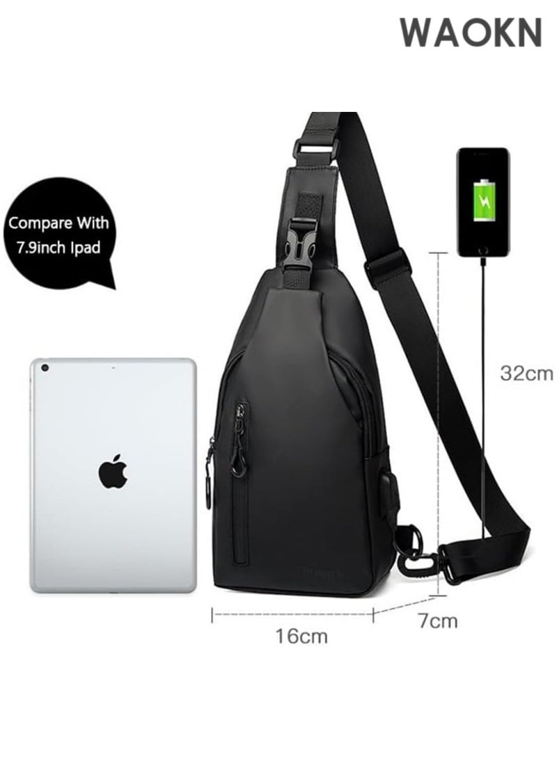 WAOKN Crossbody Sling Backpack, Water-repellent Chest Bag for Travel Hiking, Sling Bag Shoulder Bag with USB Charging Port & Bottle Holders Waterproof Shoulder Bag, Waterproof Sling Bag Crossbody Bag For Men Women, Small Cross Body Chest Bag For Travel (Color : Black) - Image 2