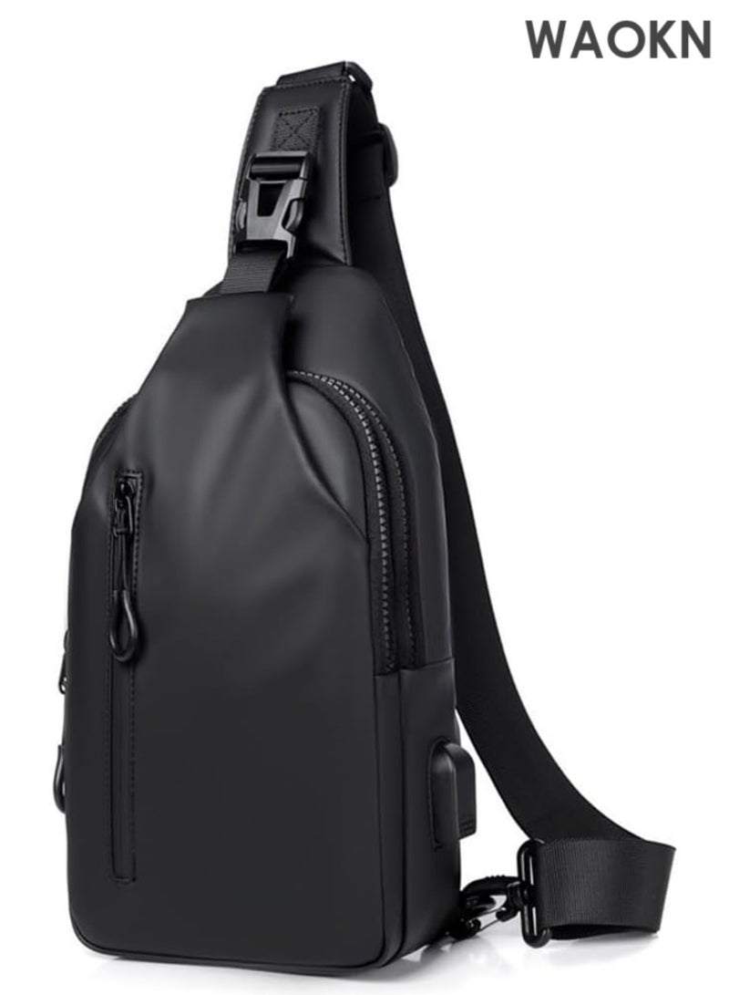 WAOKN Crossbody Sling Backpack, Water-repellent Chest Bag for Travel Hiking, Sling Bag Shoulder Bag with USB Charging Port & Bottle Holders Waterproof Shoulder Bag, Waterproof Sling Bag Crossbody Bag For Men Women, Small Cross Body Chest Bag For Travel (Color : Black) - Image 1