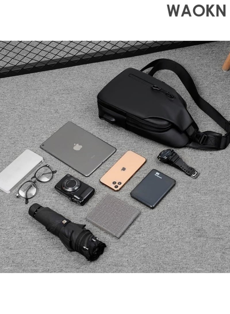 WAOKN Crossbody Sling Backpack, Water-repellent Chest Bag for Travel Hiking, Sling Bag Shoulder Bag with USB Charging Port & Bottle Holders Waterproof Shoulder Bag, Waterproof Sling Bag Crossbody Bag For Men Women, Small Cross Body Chest Bag For Travel (Color : Black) - Image 3