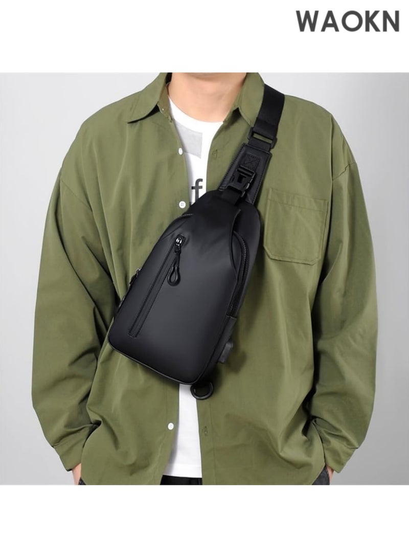 WAOKN Crossbody Sling Backpack, Water-repellent Chest Bag for Travel Hiking, Sling Bag Shoulder Bag with USB Charging Port & Bottle Holders Waterproof Shoulder Bag, Waterproof Sling Bag Crossbody Bag For Men Women, Small Cross Body Chest Bag For Travel (Color : Black) - Image 5