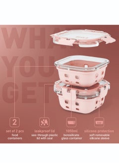 BEOLA Set of 2 Glass Food Storage Containers with Airtight Lids and Silicone Protection, Leakproof Food Organizer, Freezer, Dishwasher, Microwave Safe, Kitchen Organizer for Food (320ml, Blush Pink)  - Image 2