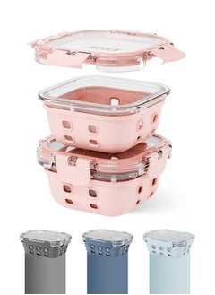BEOLA Set of 2 Glass Food Storage Containers with Airtight Lids and Silicone Protection, Leakproof Food Organizer, Freezer, Dishwasher, Microwave Safe, Kitchen Organizer for Food (320ml, Blush Pink)  - Image 1