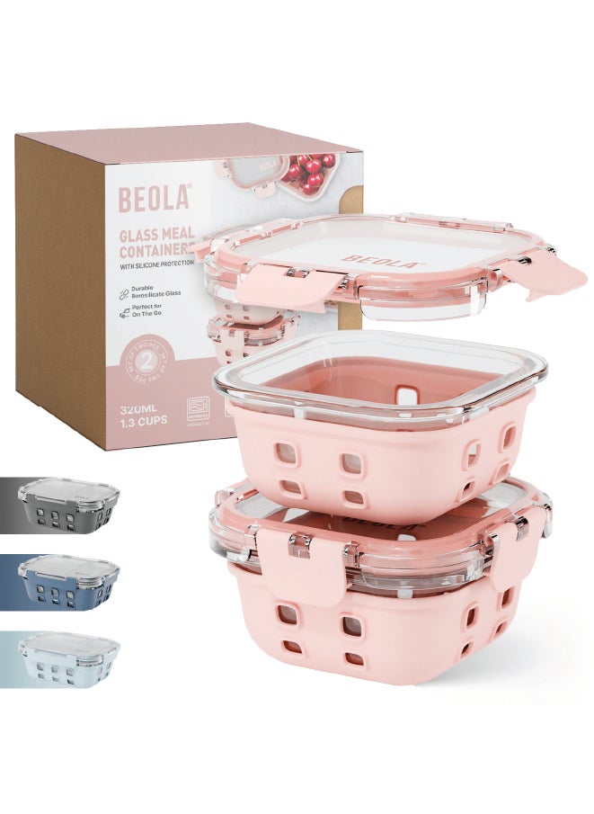 BEOLA BEOLA Set of 2 Glass Food Storage Containers with Airtight Lids and Silicone Protection, Leakproof Food Organizer, Freezer, Dishwasher, Microwave Safe, Kitchen Organizer for Food (320ml, Blush Pink) 