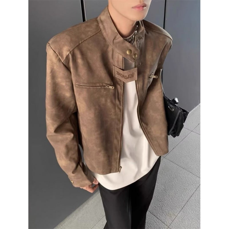 Generic American Style Retro Old Brown Motorcycle Leather Mens Maillard Casual Loose Short Fashionable Leather Jacket Coat Trendy Creamy-white - Image 2