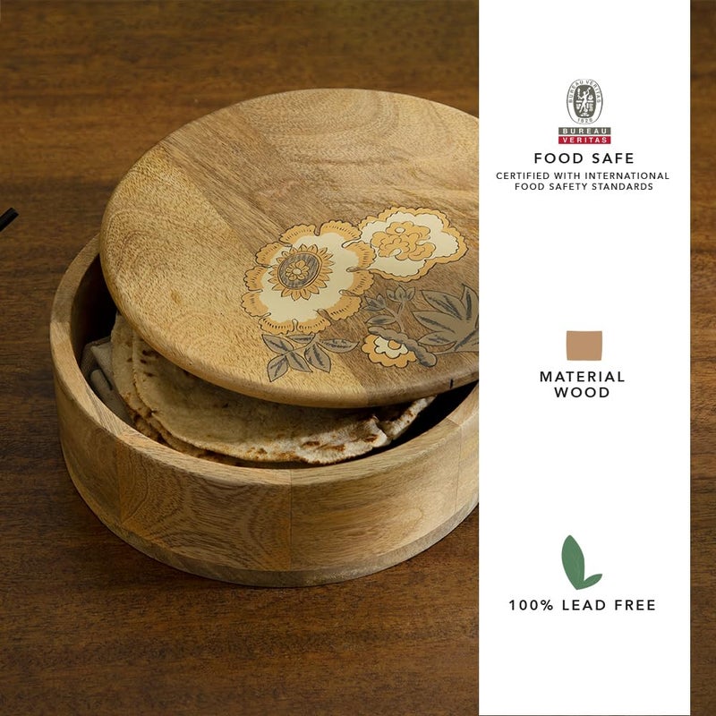 Ellementry Ellementry Fleur Dor Roti Box Handmade Chapati Box with Wooden Lid FoodGrade BPAFree Stylish Casserole for Serving Rotis Parathas Flatbreads Kitchen Organizer Storage Solution  - Image 3