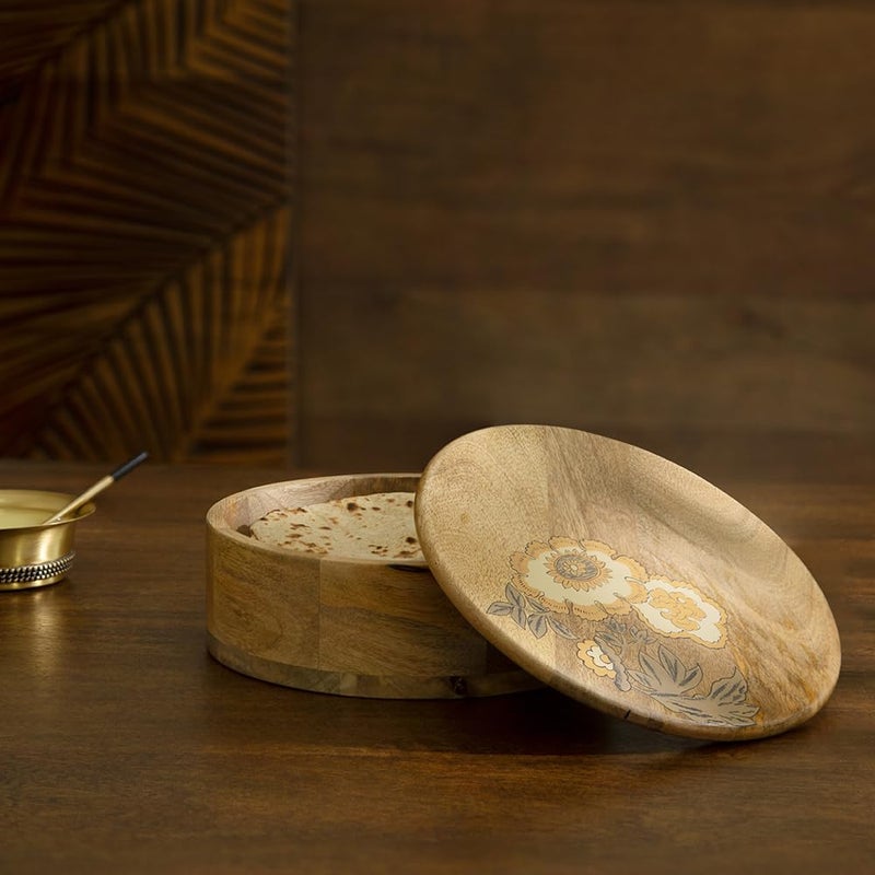 Ellementry Ellementry Fleur Dor Roti Box Handmade Chapati Box with Wooden Lid FoodGrade BPAFree Stylish Casserole for Serving Rotis Parathas Flatbreads Kitchen Organizer Storage Solution  - Image 1