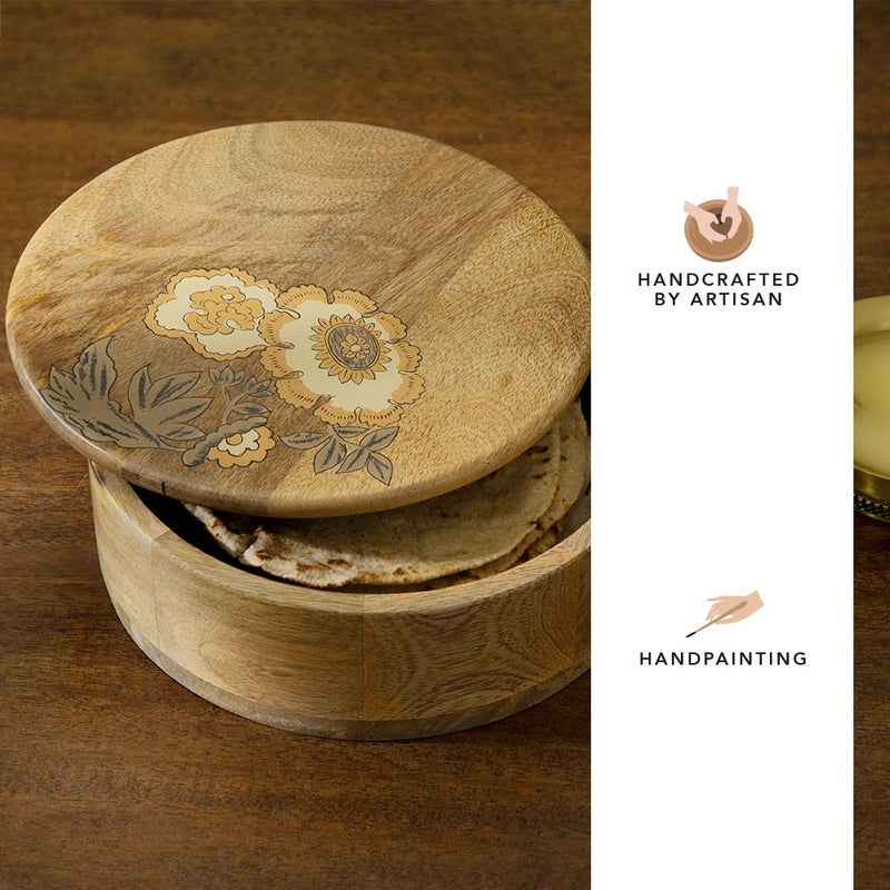 Ellementry Ellementry Fleur Dor Roti Box Handmade Chapati Box with Wooden Lid FoodGrade BPAFree Stylish Casserole for Serving Rotis Parathas Flatbreads Kitchen Organizer Storage Solution  - Image 2