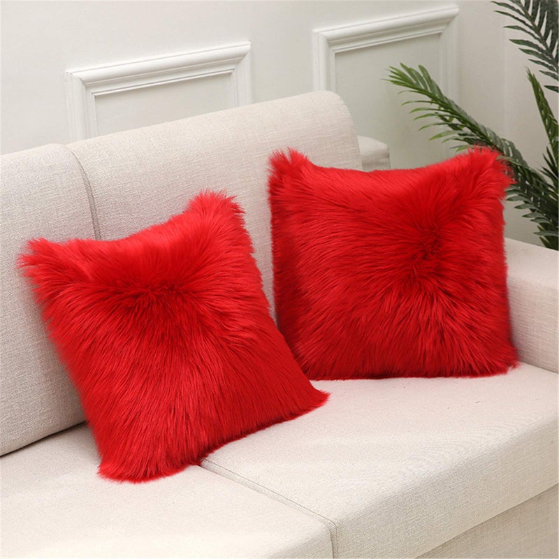 Pack of 2 Fluffy Soft Square Pillow Covers Luxury Faux Fur Throw Decorative Pillow Cover Plush Pillow Case Faux Fur Cushion Covers for Livingroom Sofa Bedroom Car (Bright Red, 15"x15")