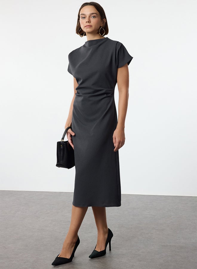 trendyol Anthracite A-Line Cowl Neck Midi Crepe Woven Dress - Image 1