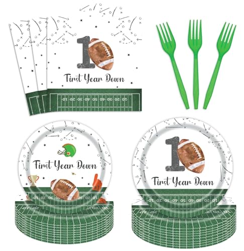 Utolily 96 Pcs Football First Birthday Plates and Napkins Party Supplies Set for 24 Guests Its Game Time First Year Down Decorations Game On Football Boy Birthday Party Plates Fork Napkins Tableware - Image 1