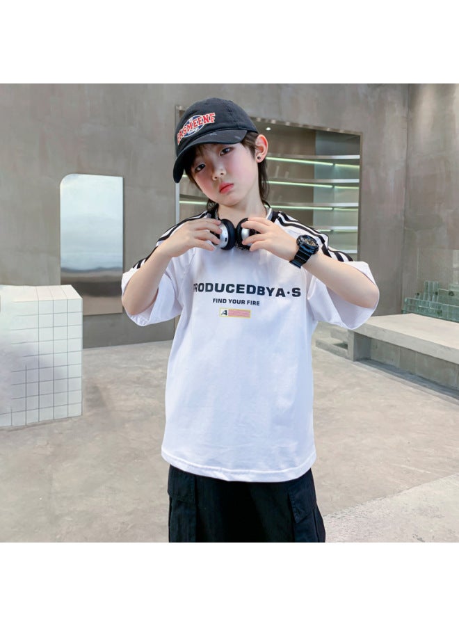 Boys' Summer Korean-style Motorcycle Sports Parent-child Matching Short-sleeve White T-shirt  New Children's Half-sleeve Ice-feel Top