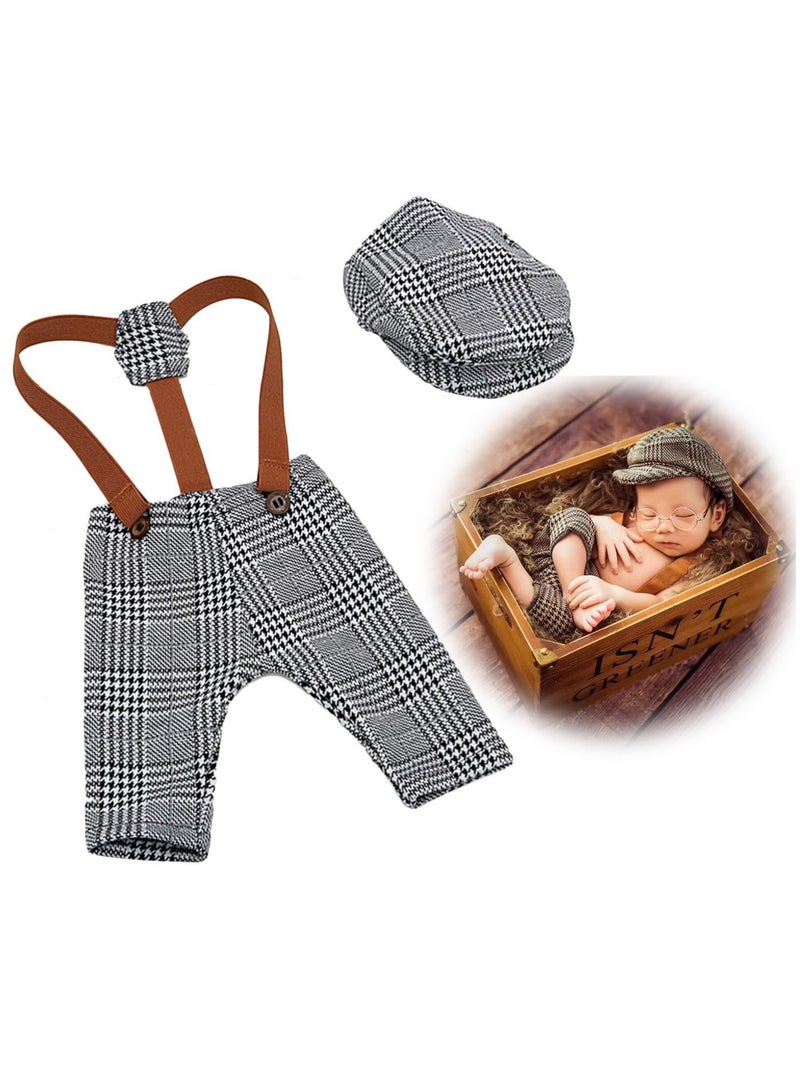 KASTWAVE Newborn Photography Props Stripes Cool Boy Retro Plaid Suspenders Flat Bottom Cab Cap Photography Props Duck Tongue Hat Suit Boys Clothing (Dark Gray)  - Image 1