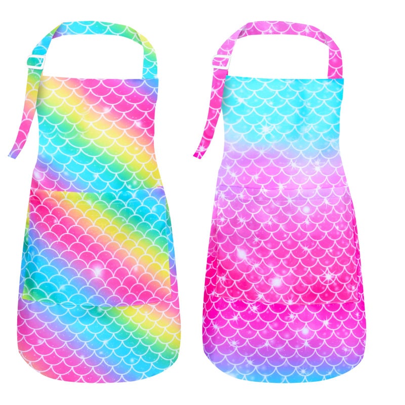 PASHOP 2 Pack Kids Apron Rainbow Mermaid Aprons With Pockets for Children Girls Boys Toddler Apron for Painting Cooking Baking