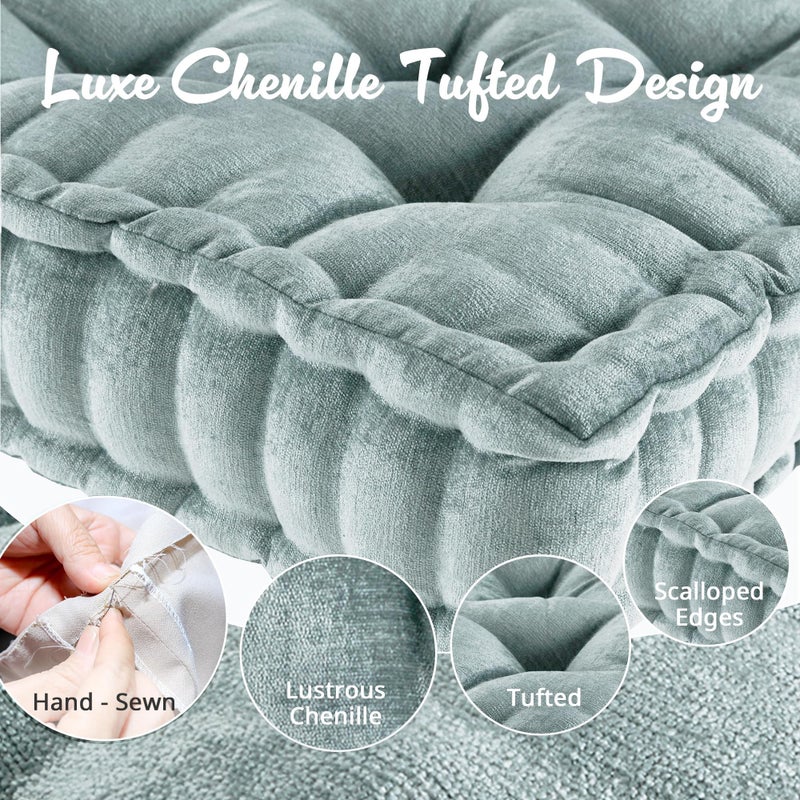 Intelligent Design Azza Floor Pillow, Large Cushions Sitting for Adults, Floor Pillow for Meditation or Yoga, Lustrous Chenille Tufted with Scalloped Edges for Bench/Chair Cushion, 20"x20"x5" Aqua - Image 3