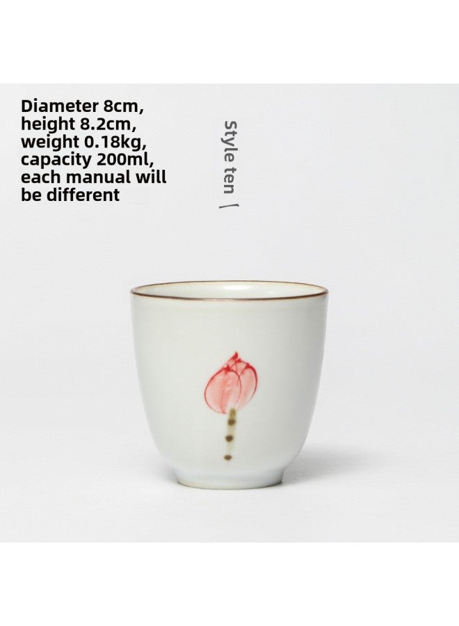Jingdezhen Handmade Water Cup Green Glaze Tea Cup Zen Hand Cup Jingdezhen Ceramic Water Cup Personalized Couple Hand Cup-Color:Hand-painted Lotus Men's Cup-Capacity:201-300ml  - Image 1