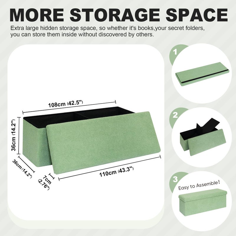 PINPLUS Storage Ottoman Bench Sherpa Ottoman Foot Rest, Foldable Boucle Ottomans Large Storage Box Entryway Bench for Dorm, Green 43.3'' x 15'' x 15'' - Image 3