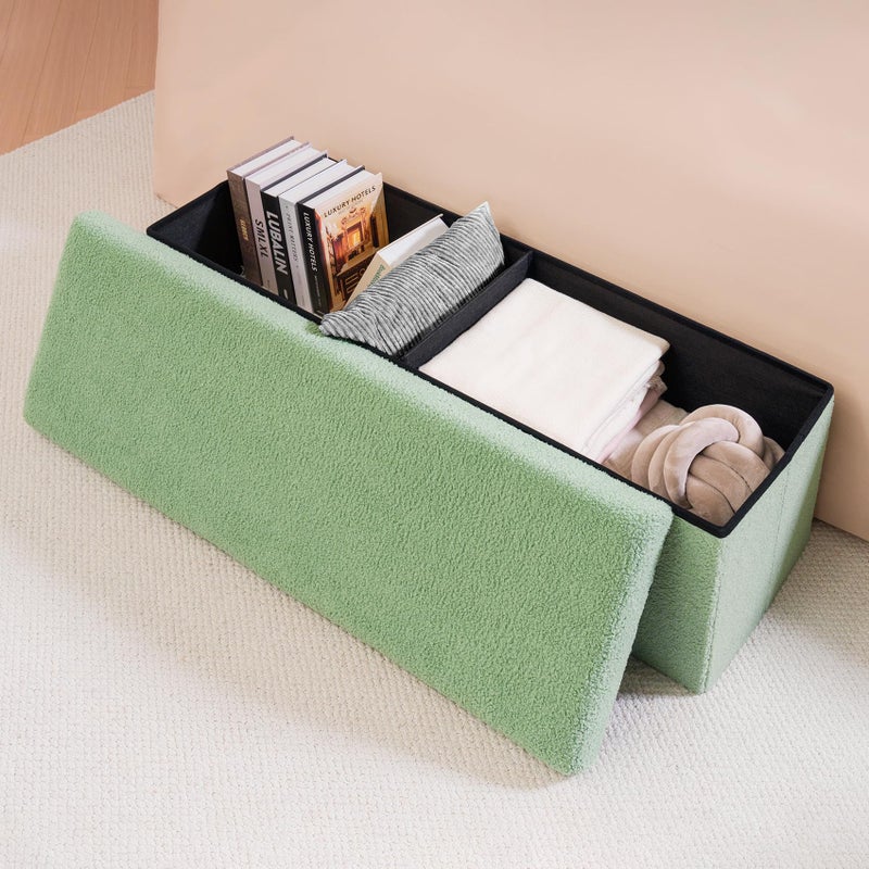 PINPLUS Storage Ottoman Bench Sherpa Ottoman Foot Rest, Foldable Boucle Ottomans Large Storage Box Entryway Bench for Dorm, Green 43.3'' x 15'' x 15'' - Image 5