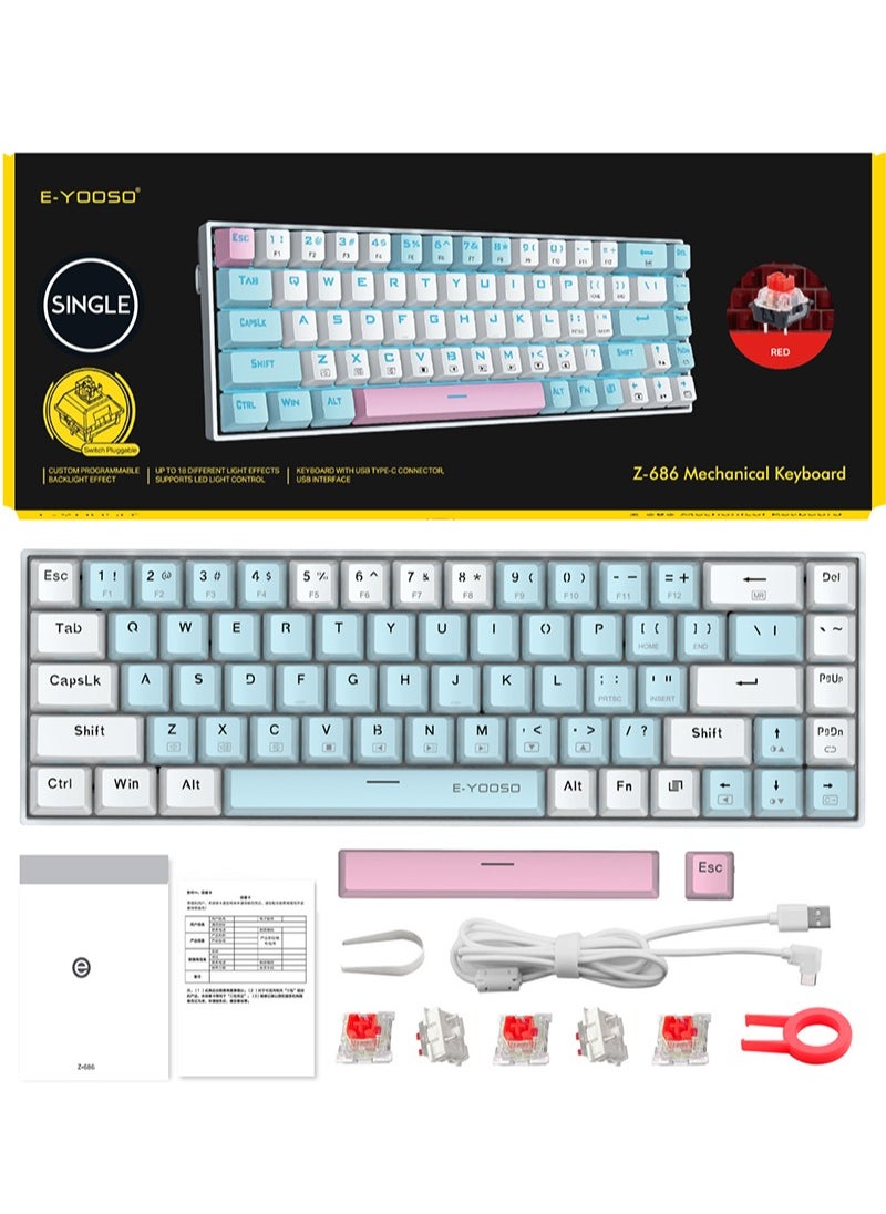 E-YOOSO - Z-686 65% Gaming Keyboard,Hot Swappable Red Switch, 68Keys Mini Wired Mechanical Keyboard with Ice Blue Backlit, Separate Arrow Keys for Office Gaming - Blue White - Image 1
