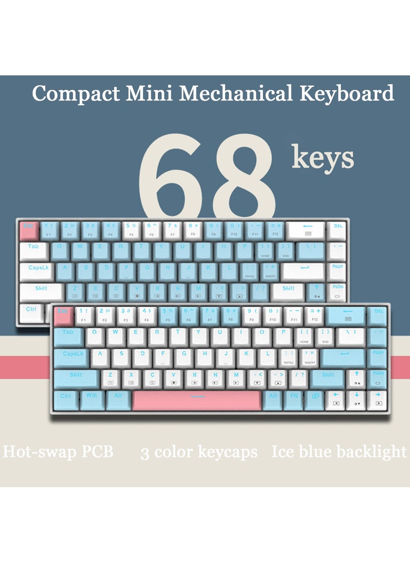 E-YOOSO - Z-686 65% Gaming Keyboard,Hot Swappable Red Switch, 68Keys Mini Wired Mechanical Keyboard with Ice Blue Backlit, Separate Arrow Keys for Office Gaming - Blue White - Image 1