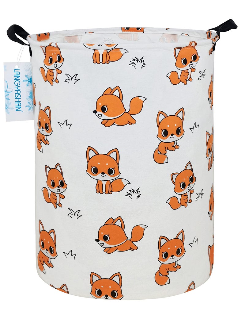 LANGYASHAN Laundry Basket Canvas Fabric Collapsible Organizer Basket for Storage Bin Toy Bins Gift Baskets Bedroom Clothes Children Nursery Hamper Round Fox