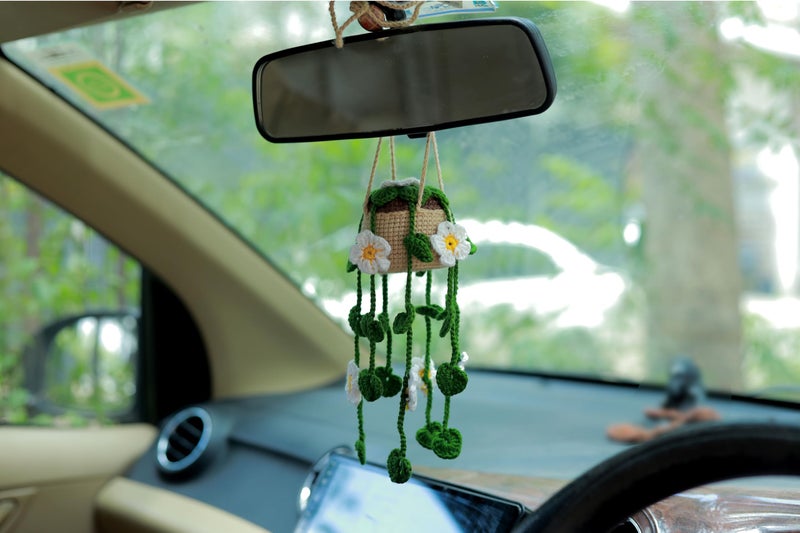 SYCAMORE EAST Cute Potted Plants Crochet Car Mirror Hanging Accessories for Women Men - Handmade Knitted Rear View Mirror Accessories - Interior Aesthetic Pack-1, Multi - Image 1