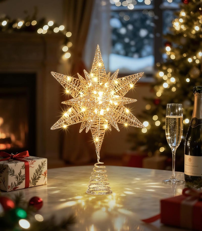 Luxspire Christmas Tree Topper, 3D Lighted Star Tree Topper with USB Plug-in & Remote Control, 9.6" Christmas Tree Star Lights for Home Holiday Decor, 6H Timer & 8 Lighting Modes, Champagne Gold - Image 2