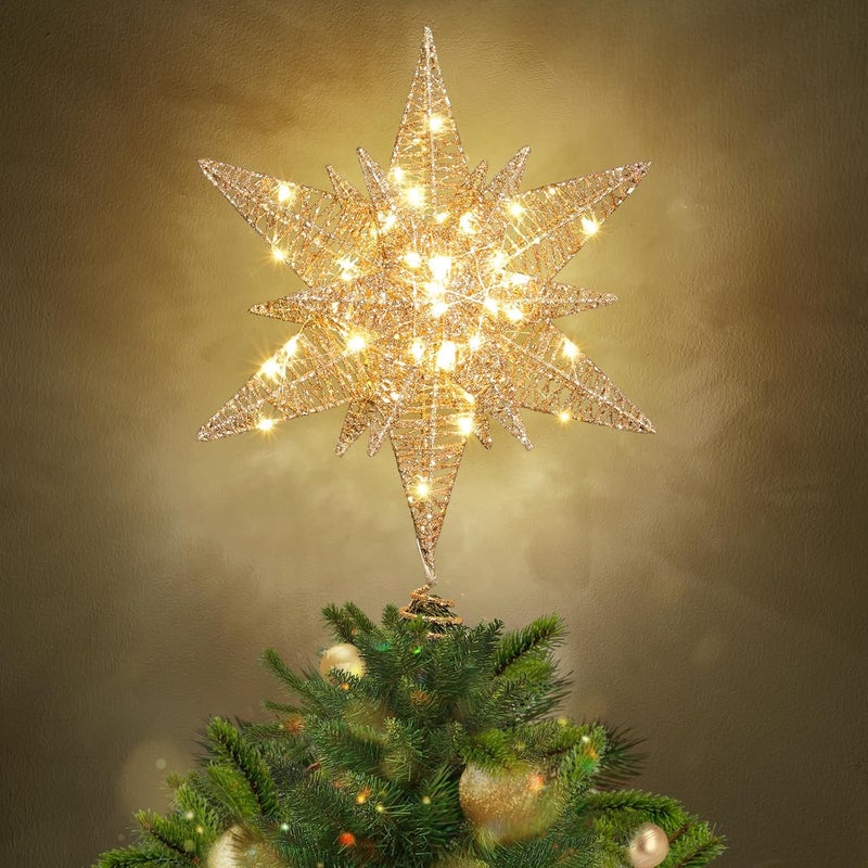 Luxspire Christmas Tree Topper, 3D Lighted Star Tree Topper with USB Plug-in & Remote Control, 9.6" Christmas Tree Star Lights for Home Holiday Decor, 6H Timer & 8 Lighting Modes, Champagne Gold - Image 1