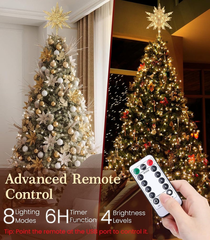 Luxspire Christmas Tree Topper, 3D Lighted Star Tree Topper with USB Plug-in & Remote Control, 9.6" Christmas Tree Star Lights for Home Holiday Decor, 6H Timer & 8 Lighting Modes, Champagne Gold - Image 4