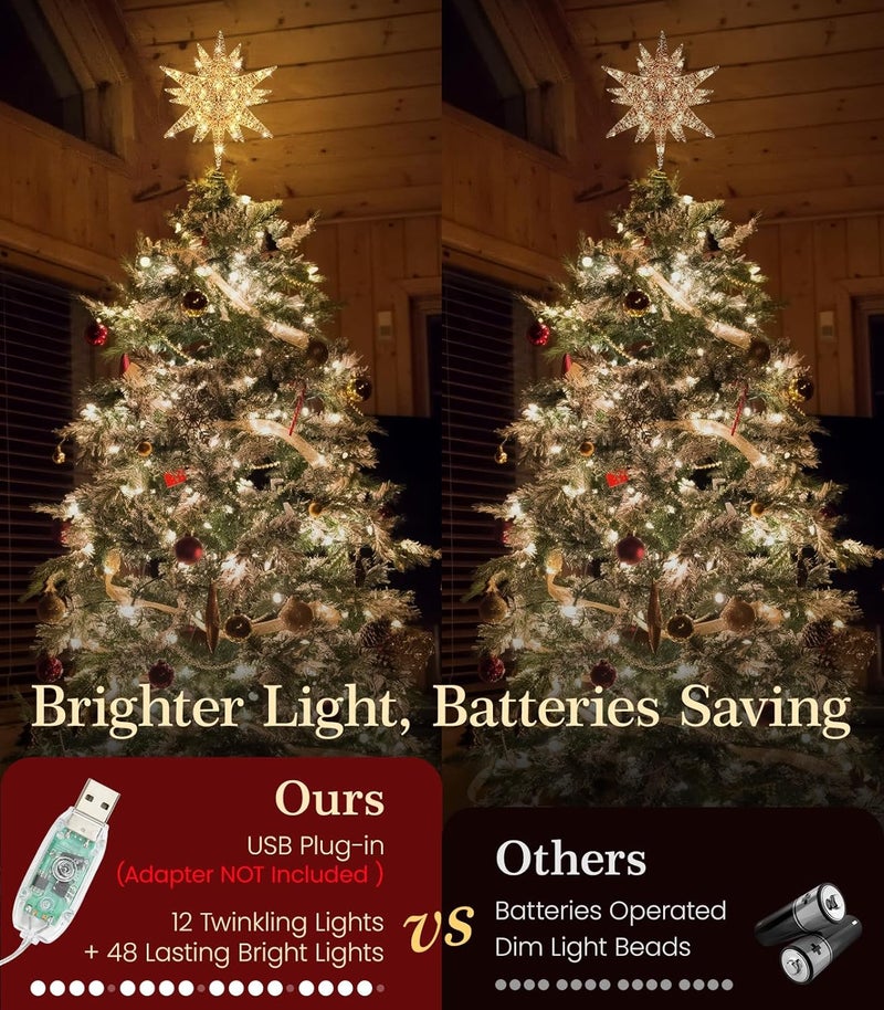 Luxspire Christmas Tree Topper, 3D Lighted Star Tree Topper with USB Plug-in & Remote Control, 9.6" Christmas Tree Star Lights for Home Holiday Decor, 6H Timer & 8 Lighting Modes, Champagne Gold - Image 3