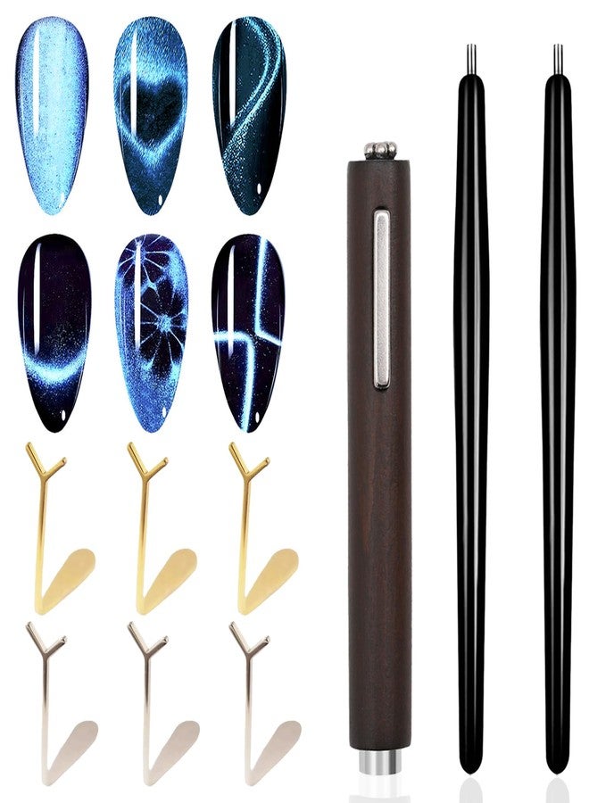 SILPECWEE 9pcs Cat Eye Nail Magnet, 3 In 1 Strong Magnetic Cat Eye Gel Nail Polish Magnet, Y-Shaped Guide Stick for Heart Effect, Nail Art Tools for Nail Art Salon DIY Home - Image 1