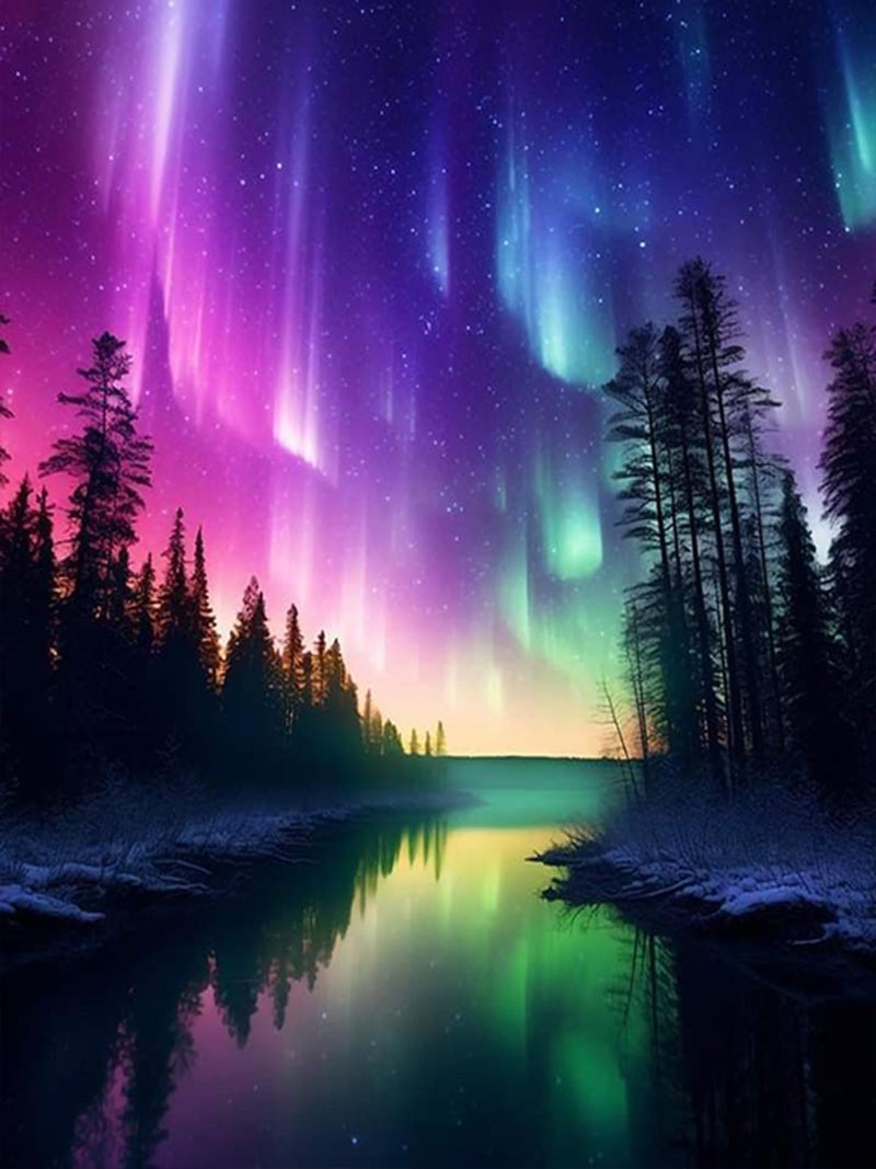 ijbnhd Diamond Art Kit for Adults, Aurora Diamond Painting Kit for Adults Full Drill Round Forests Lake Gem Art Painting for Crafts Home Wall Decor Gift 12x16inch - Image 1