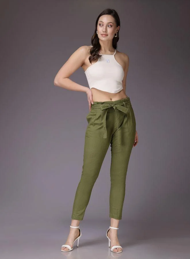 Women Tapered Solid High-Rise Paperbag Trousers